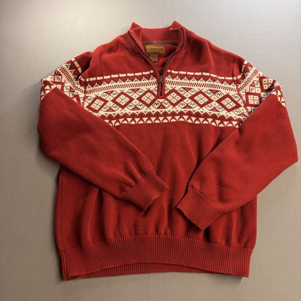 St Johns Bay Mens Large Red Fair Isle Nordic Quarter Zip Cotton Sweater
